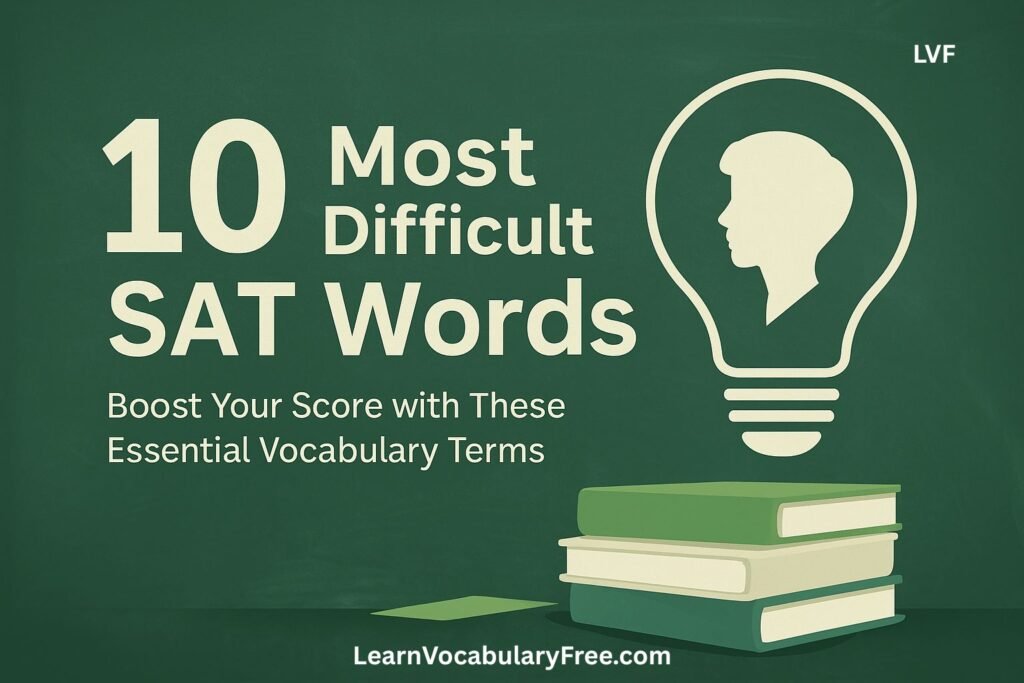 Illustration of a chalkboard with the title '10 Most Difficult SAT Words' and a lightbulb containing a student’s profile, symbolizing learning and vocabulary building.