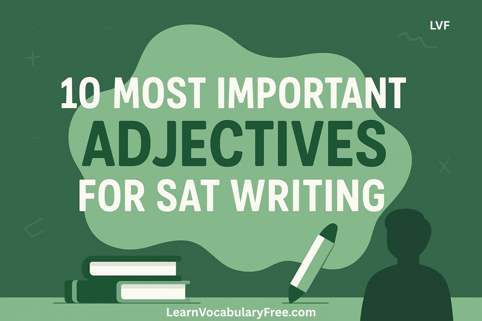 An illustration with bold text '10 Most Important Adjectives for SAT Writing' alongside academic imagery representing vocabulary mastery.