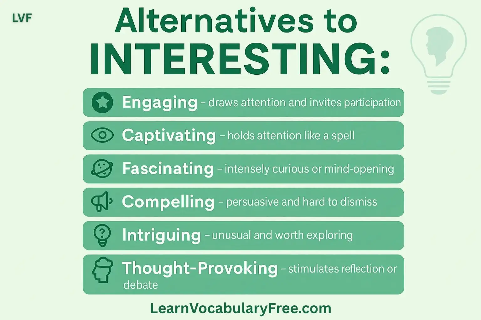 Alternatives to Interesting chart: engaging, captivating, fascinating, compelling, intriguing, thought-provoking with usage notes