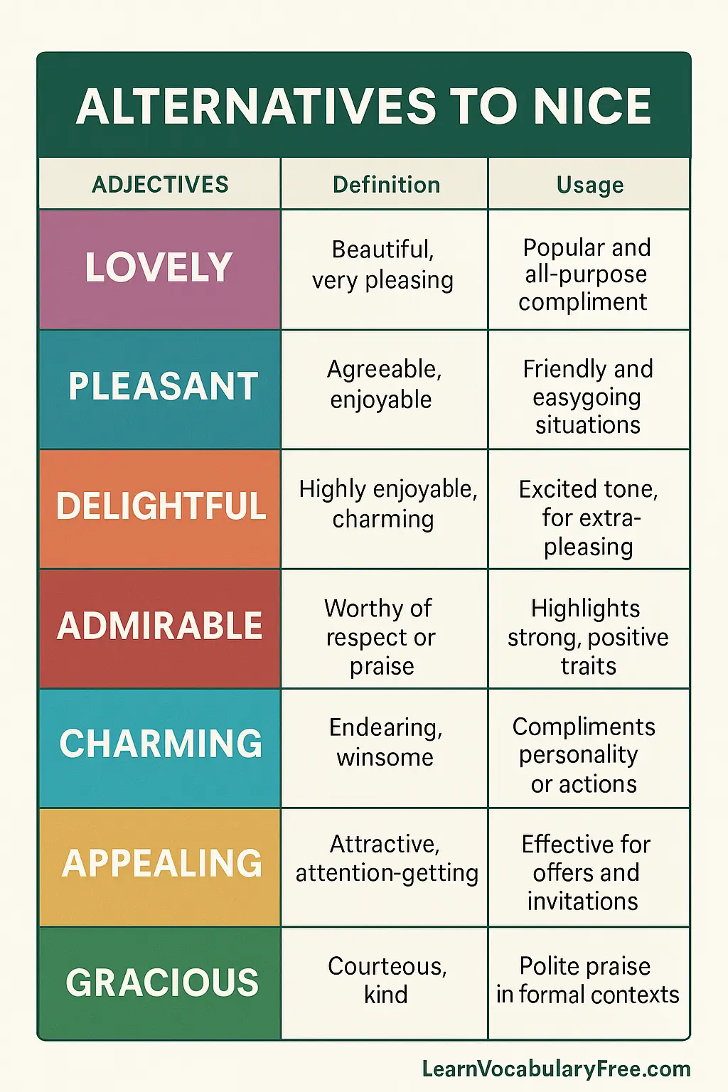 Alternatives to Nice chart: lovely, pleasant, delightful, admirable, charming, appealing, gracious