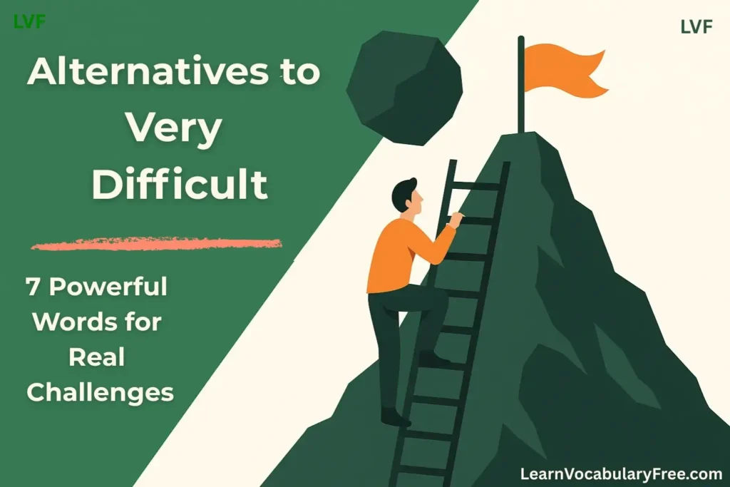 Illustration of a man climbing a ladder up a steep mountain toward a flag, representing overcoming challenges, with text saying “Alternatives to Very Difficult – 7 Powerful Words for Real Challenges.”