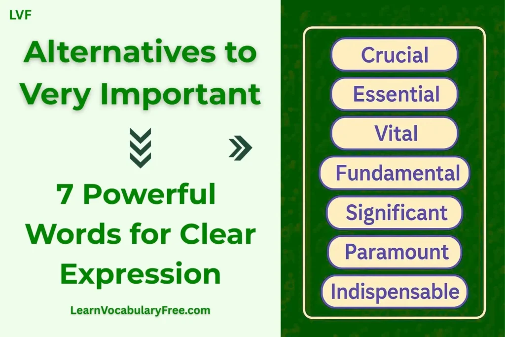 Alternatives to Very Important shown with stronger words like crucial, essential, vital, fundamental, significant, paramount and indispensable