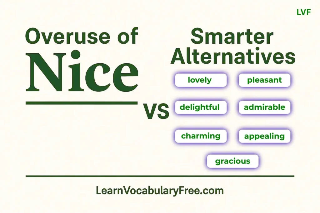 Overuse of Nice contrasted with precise alternatives like lovely, pleasant, delightful, admirable, charming, appealing, gracious.