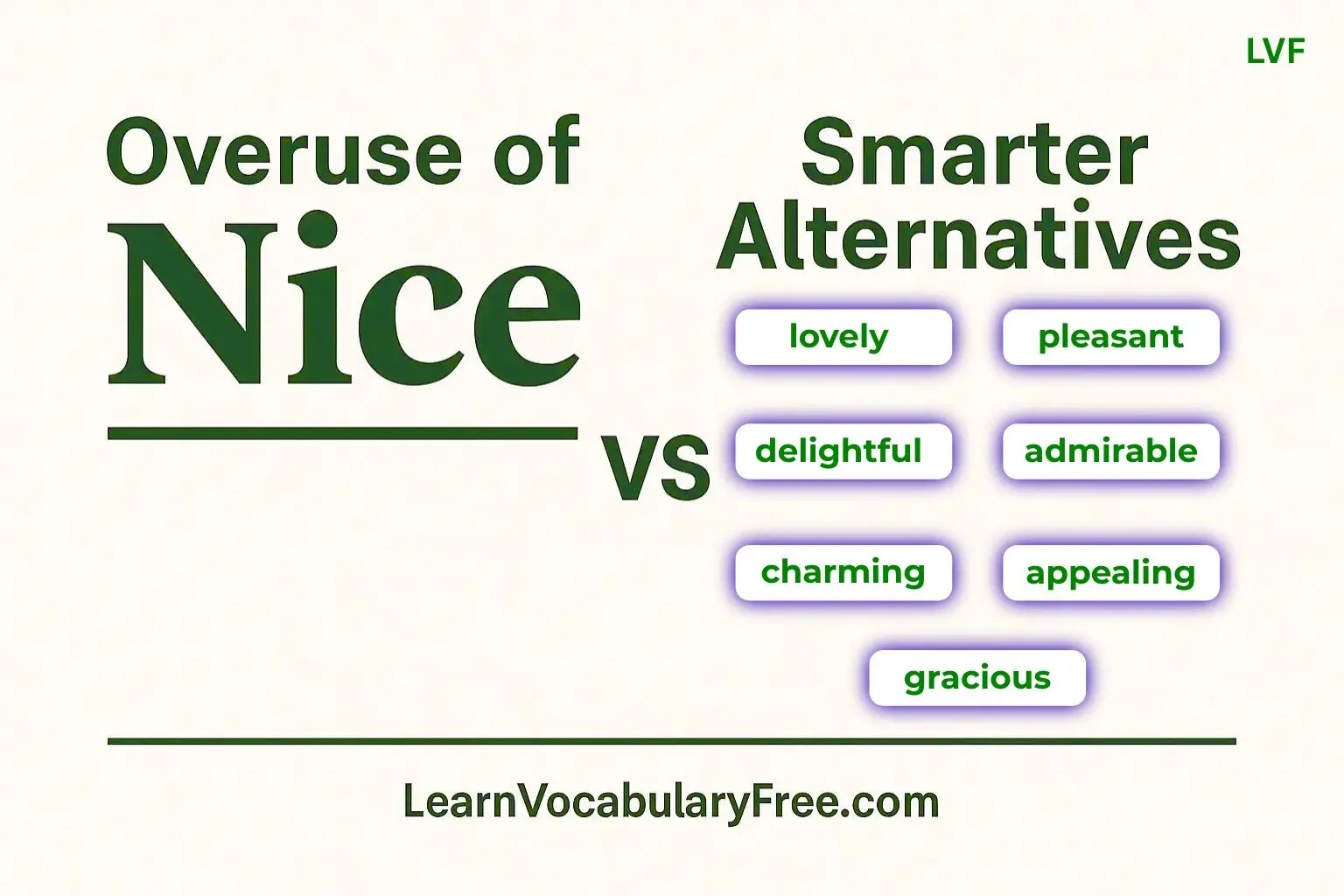 Overuse of Nice – alternatives like lovely, pleasant, delightful, admirable, charming, appealing, gracious