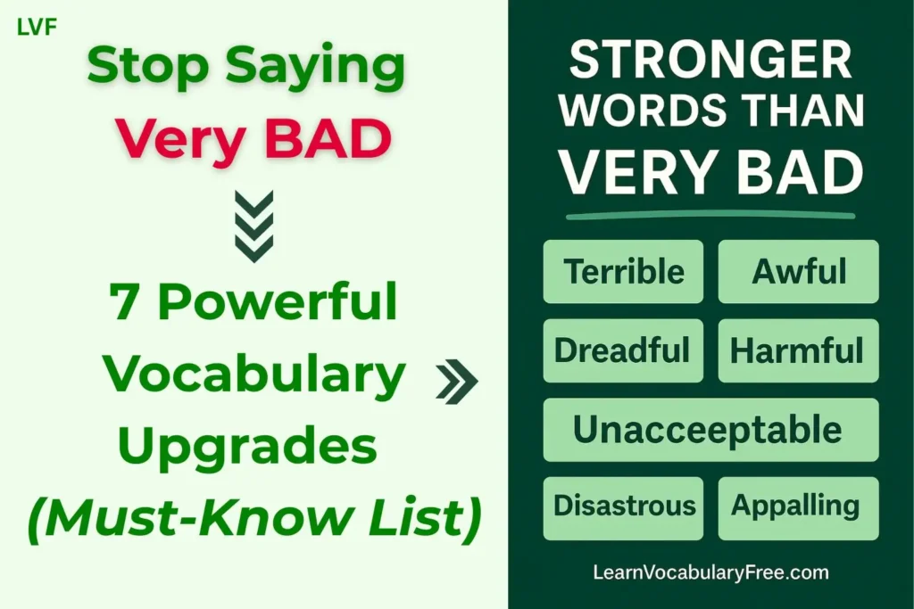 Stronger words than very bad illustrated with alternatives like terrible, awful, dreadful, harmful, unacceptable, disastrous, appalling