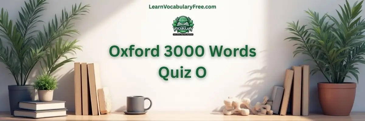 Oxford 3000 Words Quiz O hero banner with a teal academic background, study desk, books, plants, and LearnVocabularyFree.com logo.