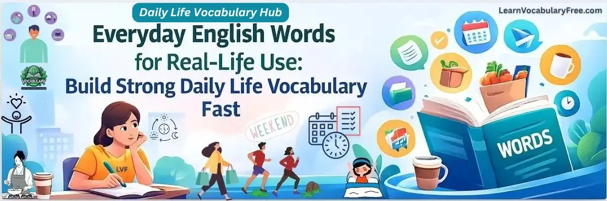 Hero banner showing Daily Life Vocabulary Hub for Everyday English Words with illustrations of learning and daily life icons
