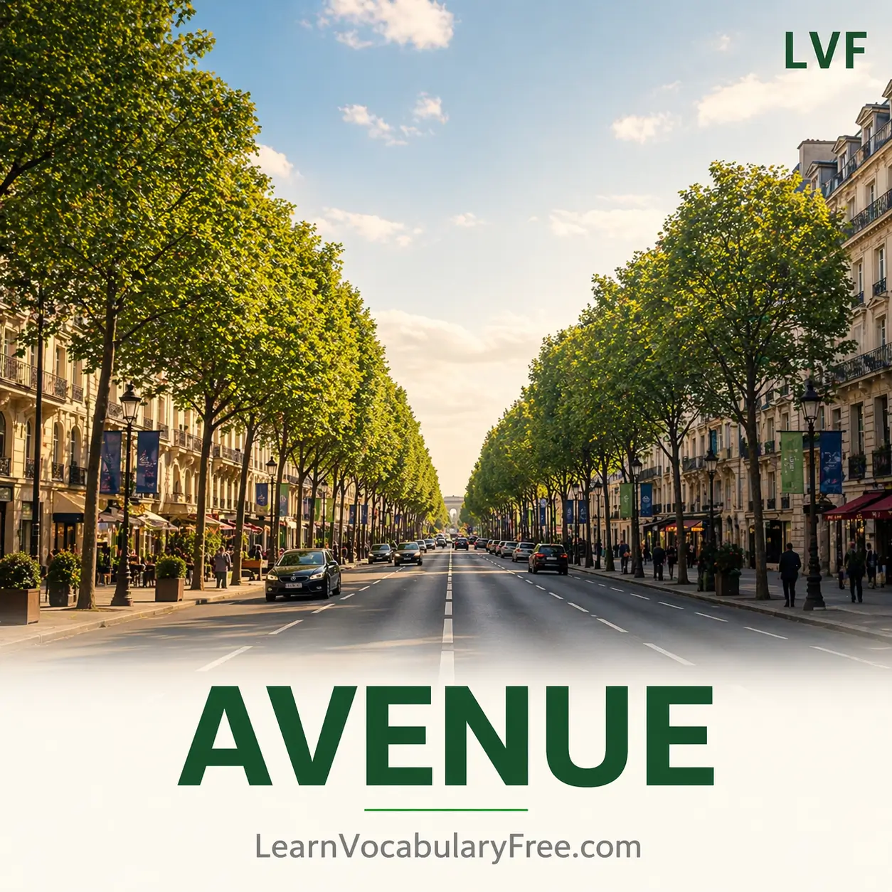 Tree lined avenue road in city showing urban street vocabulary for English learning