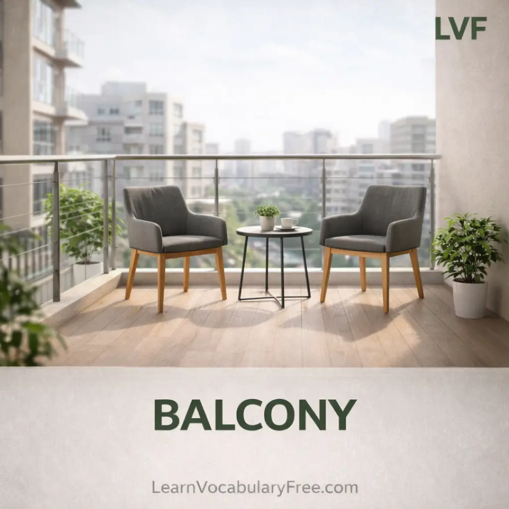 Modern balcony with plants showing home vocabulary for English word lists learning