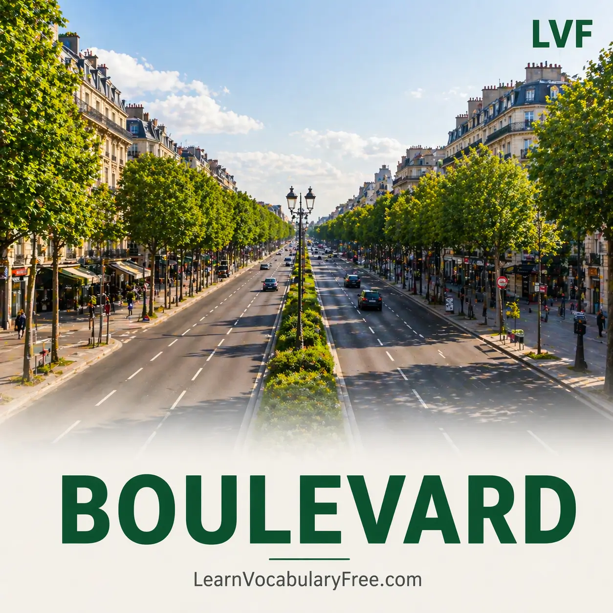 Wide boulevard street with trees showing urban road vocabulary for English learning