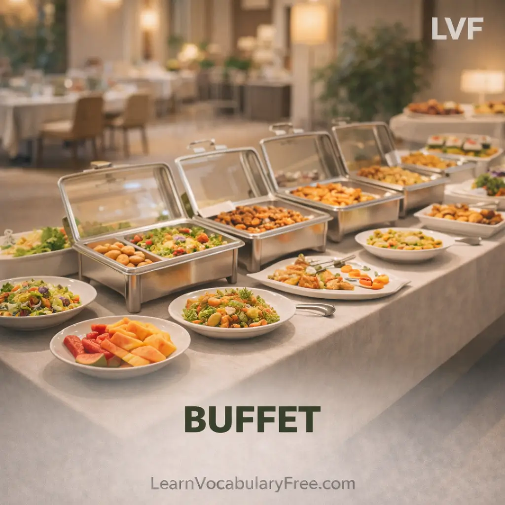 Buffet self-service dining setup showing restaurant and dining vocabulary for English learners