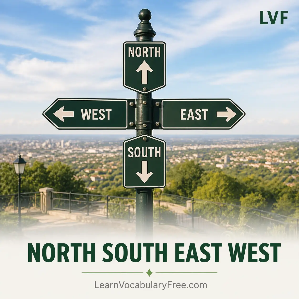 Compass showing cardinal directions north south east west for navigation vocabulary learning