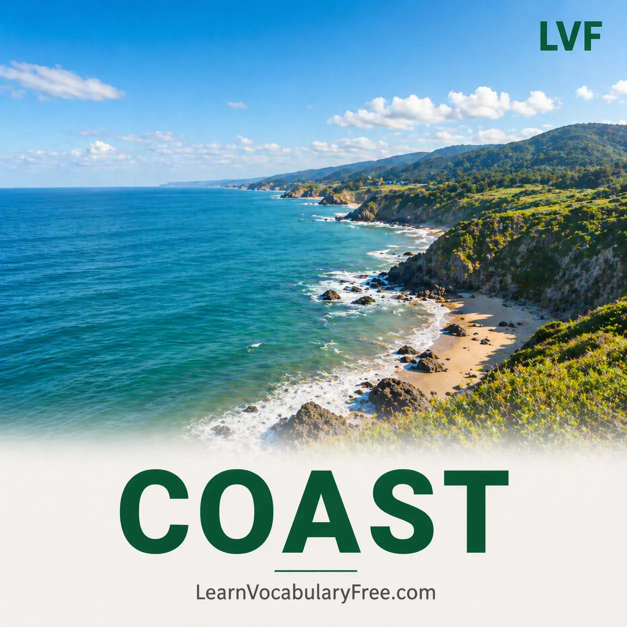 Sea coast shoreline beach showing geography vocabulary for English learners