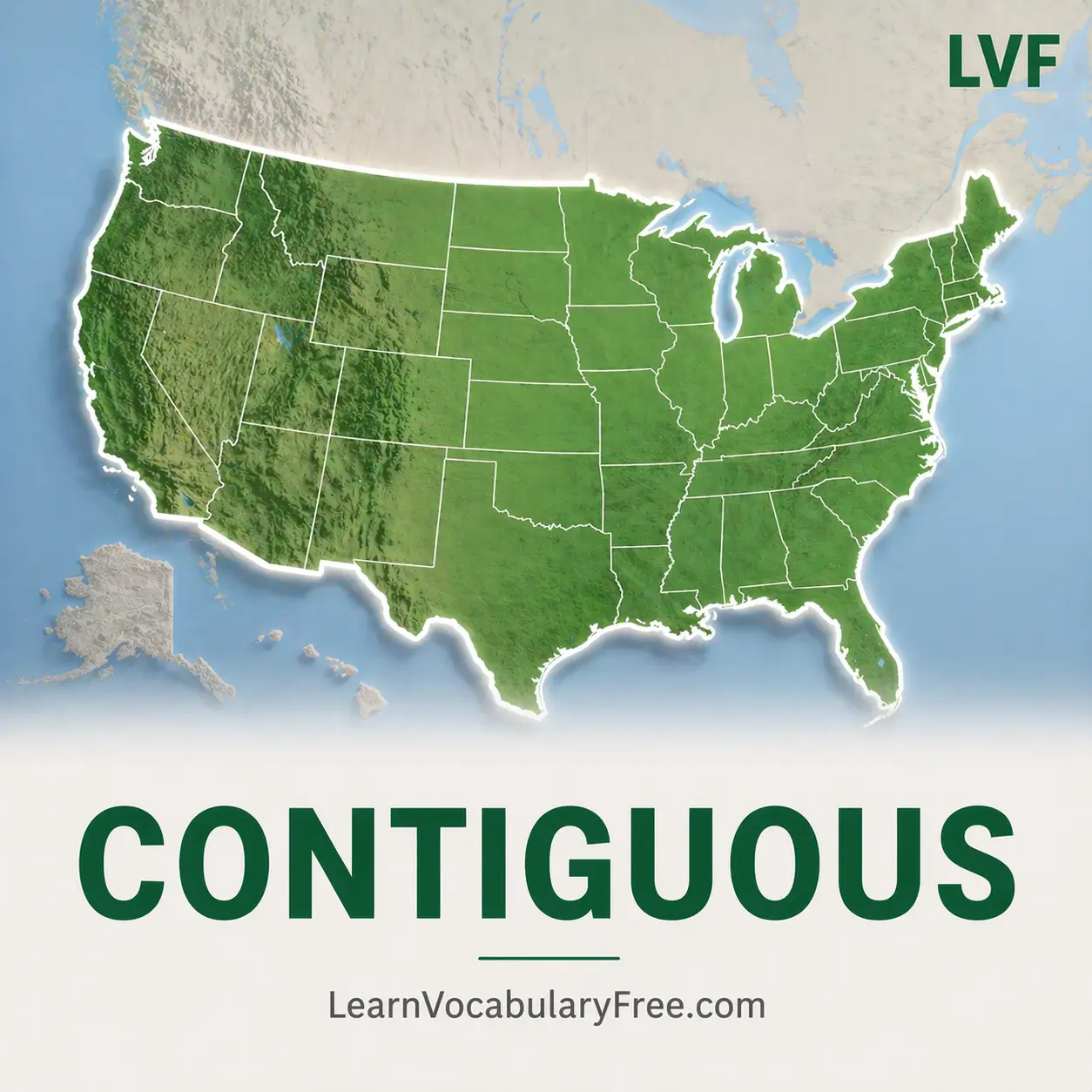 Adjacent connected areas showing contiguous meaning in geography vocabulary