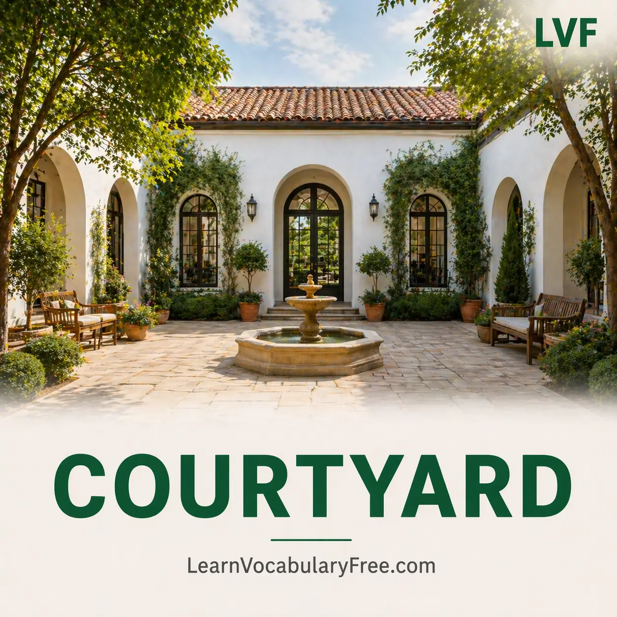 Open courtyard inside home showing living space vocabulary for English learners