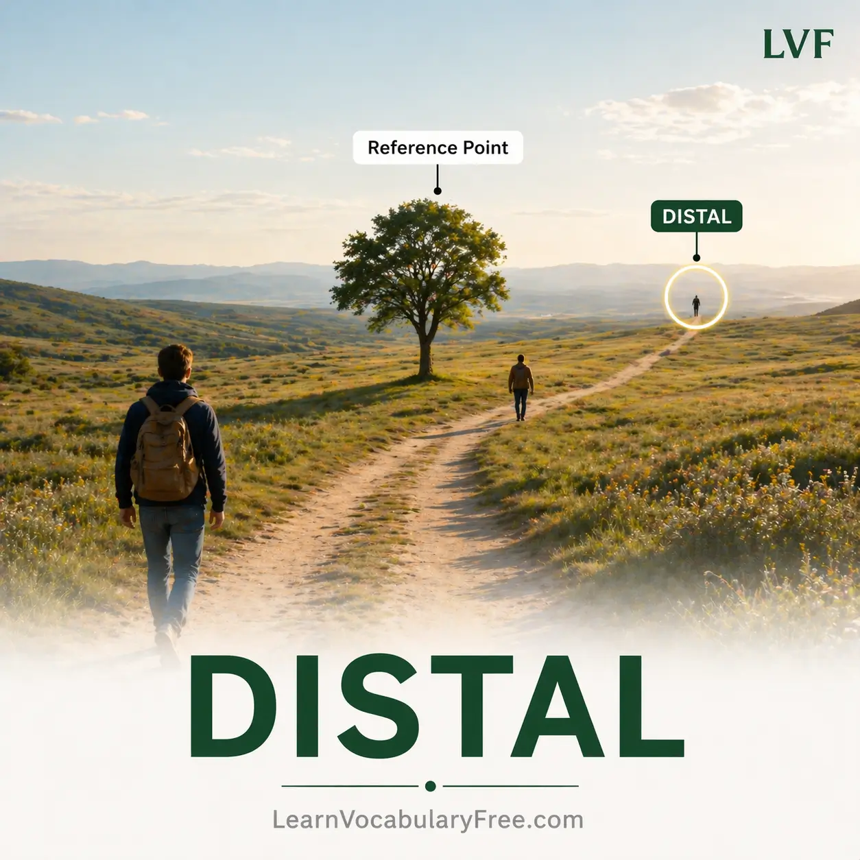 Distal direction concept showing far from center in anatomy and spatial vocabulary