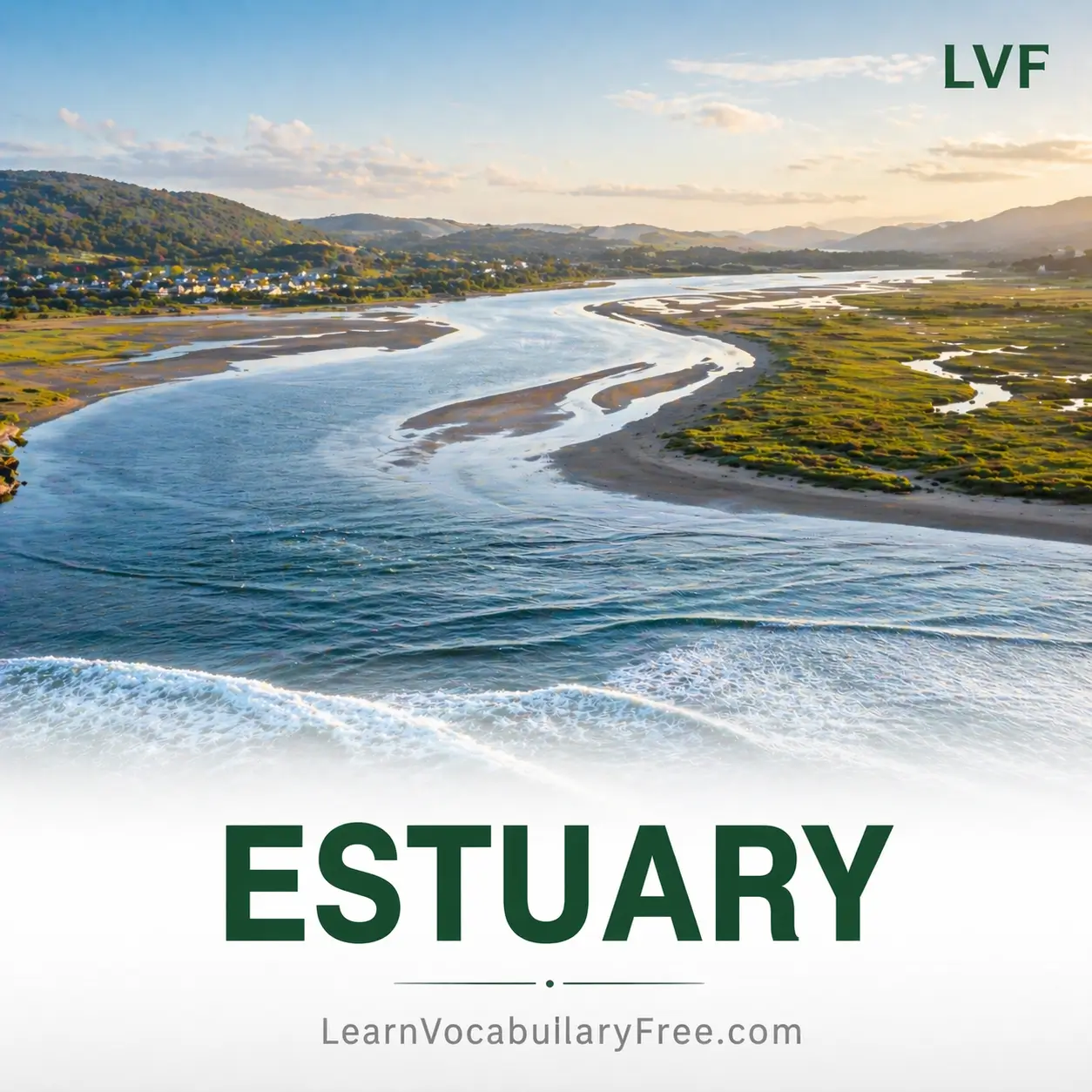 River meeting sea estuary showing geography vocabulary for English learners