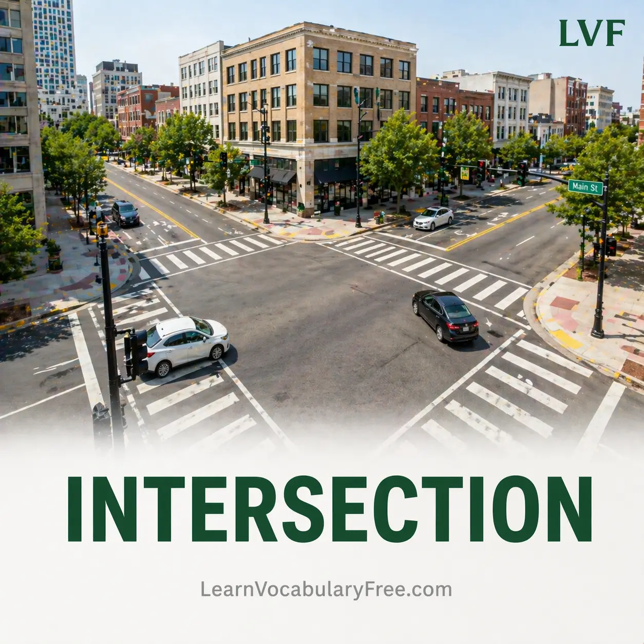 Road intersection crossing showing urban traffic vocabulary for English learners