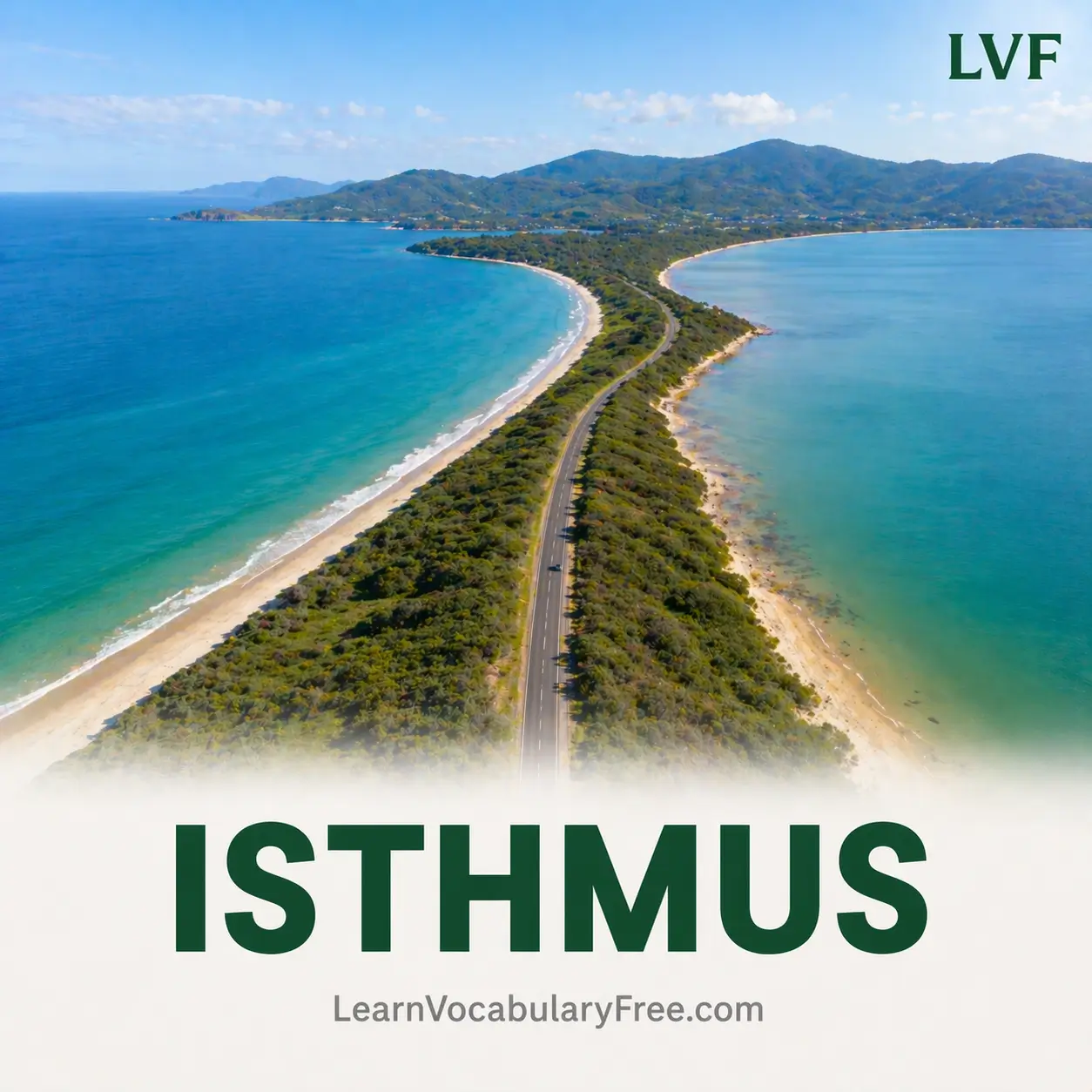 Narrow land isthmus connecting two larger land areas showing geography vocabulary