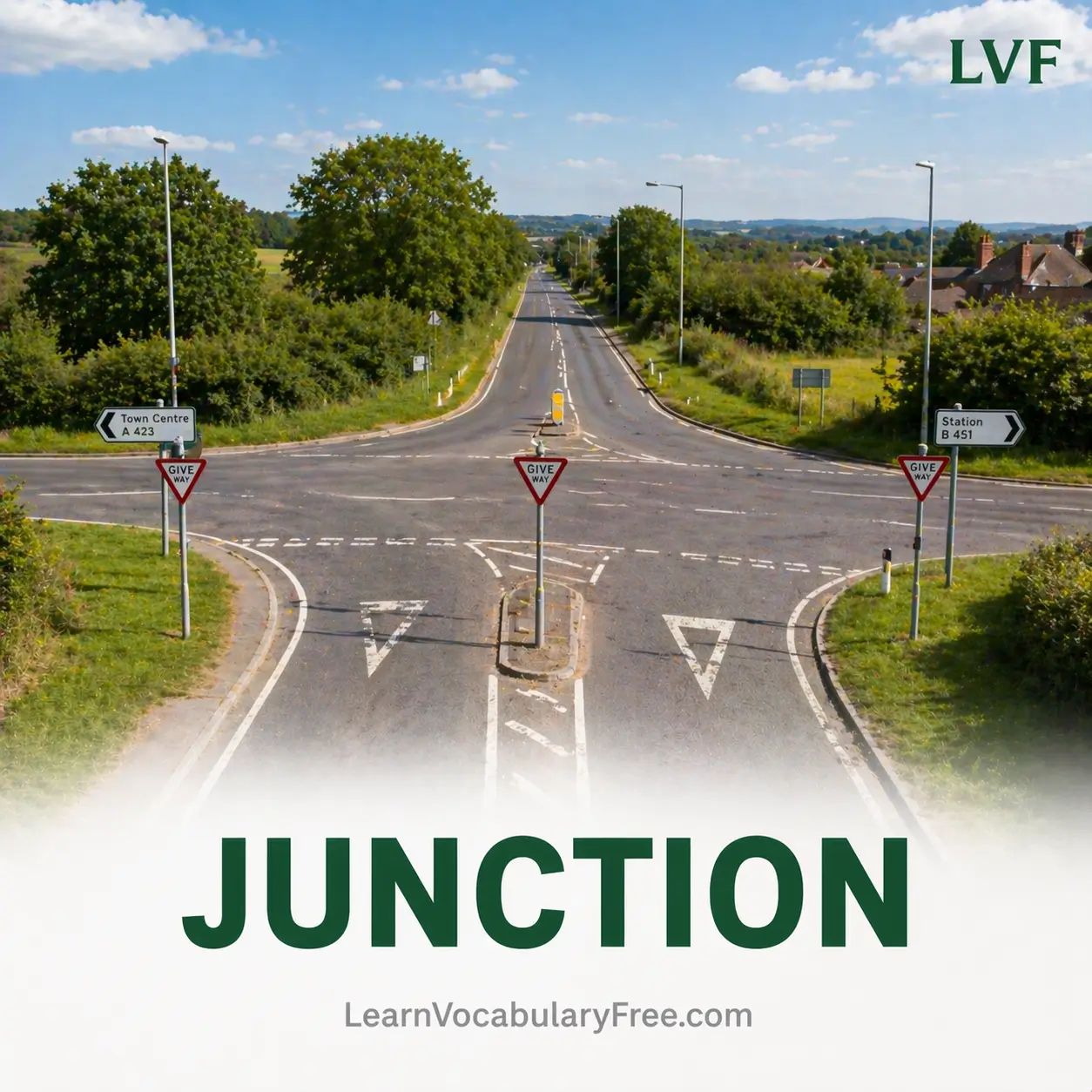 Road junction meeting point showing traffic vocabulary for English learning