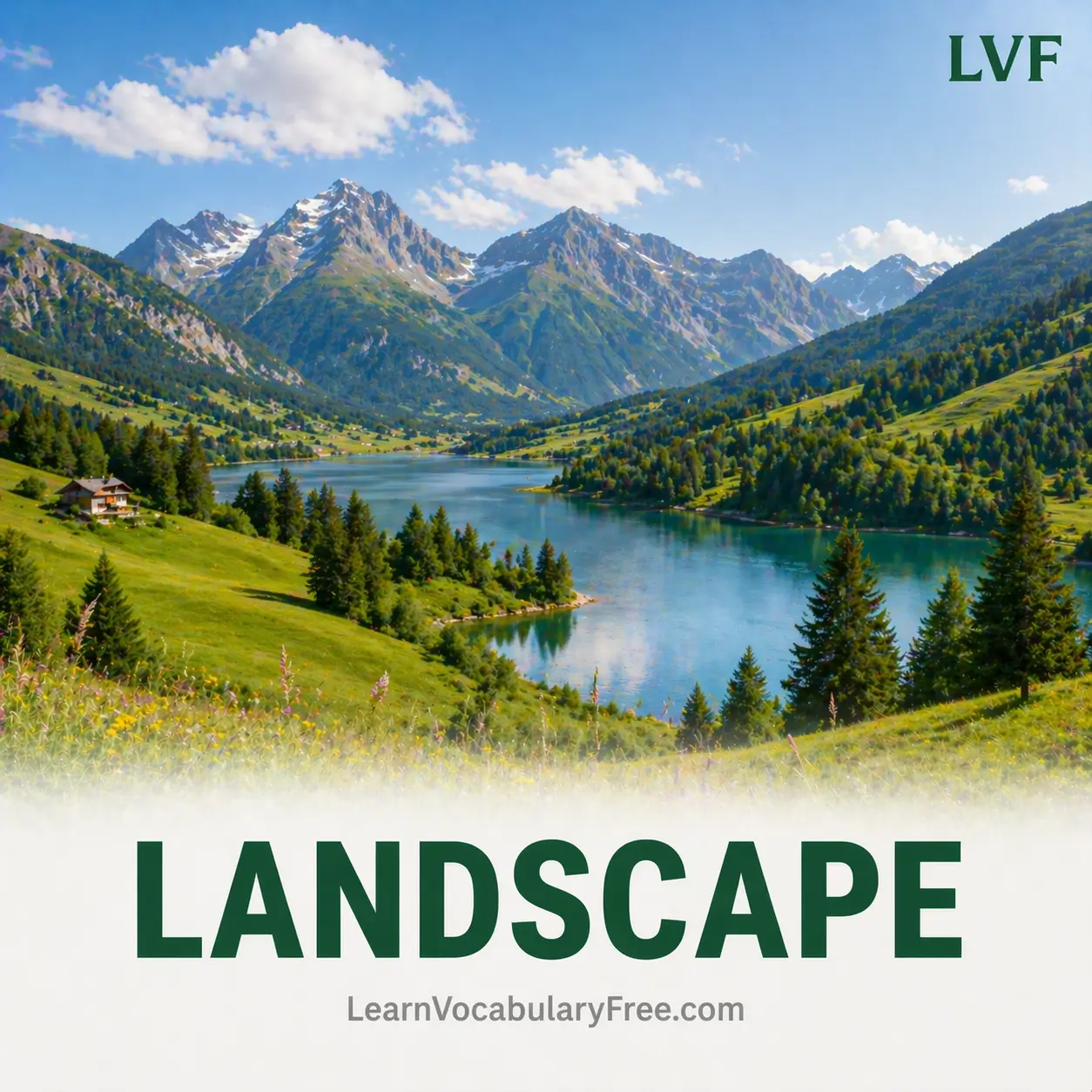 Natural landscape with mountains lake and valley showing geography vocabulary for English learning