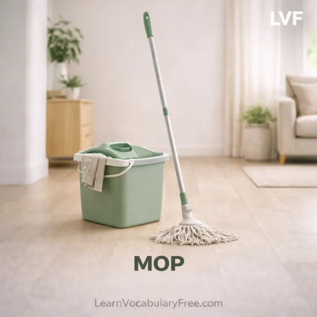 Mop cleaning tool used for floor cleaning showing home and household vocabulary