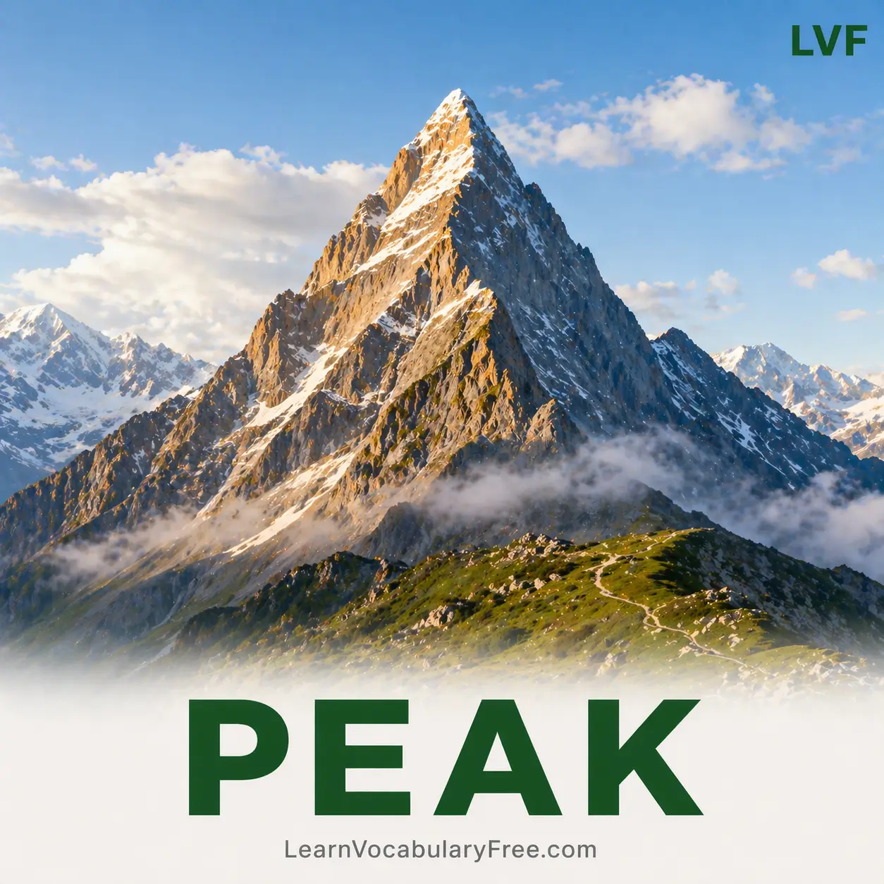 Snow covered mountain peak summit showing geography vocabulary for English learners