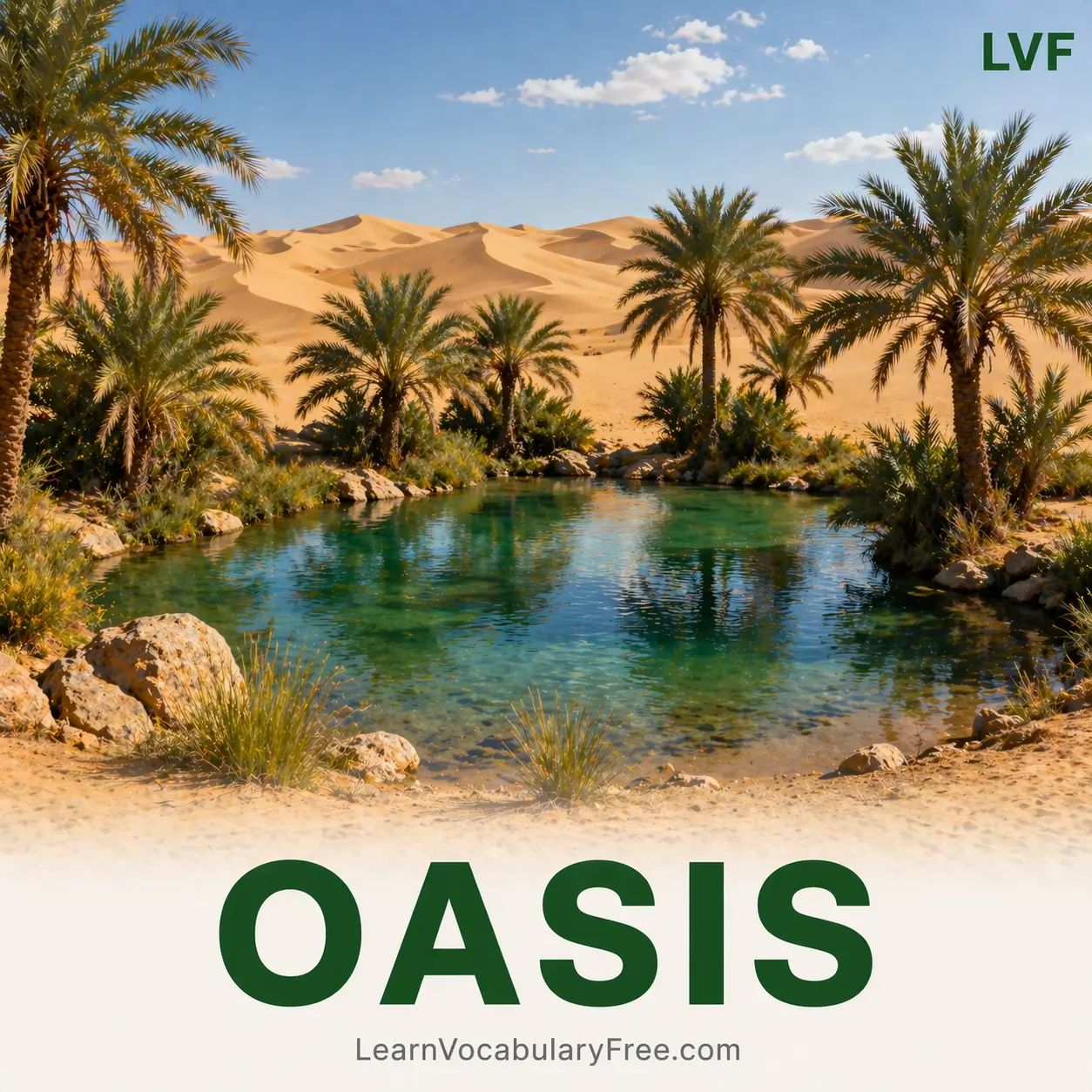 Desert oasis with water and palm trees showing geography and place vocabulary for English learning