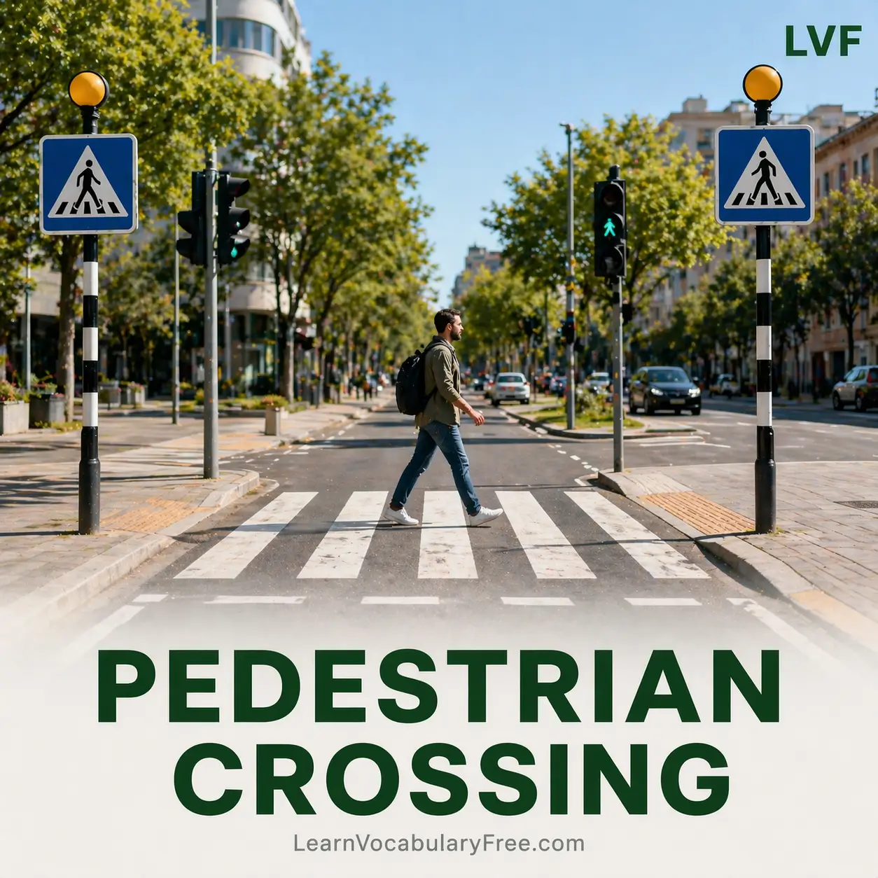 Zebra crossing pedestrian crossing on road showing traffic and direction vocabulary for English learning