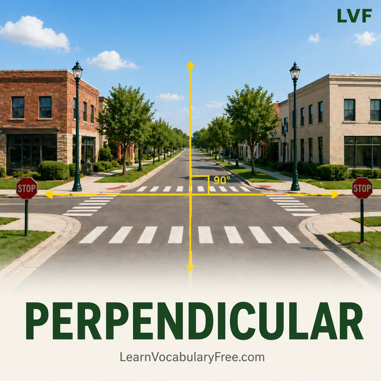 Perpendicular lines meeting at right angle showing geometry and direction vocabulary for English learning