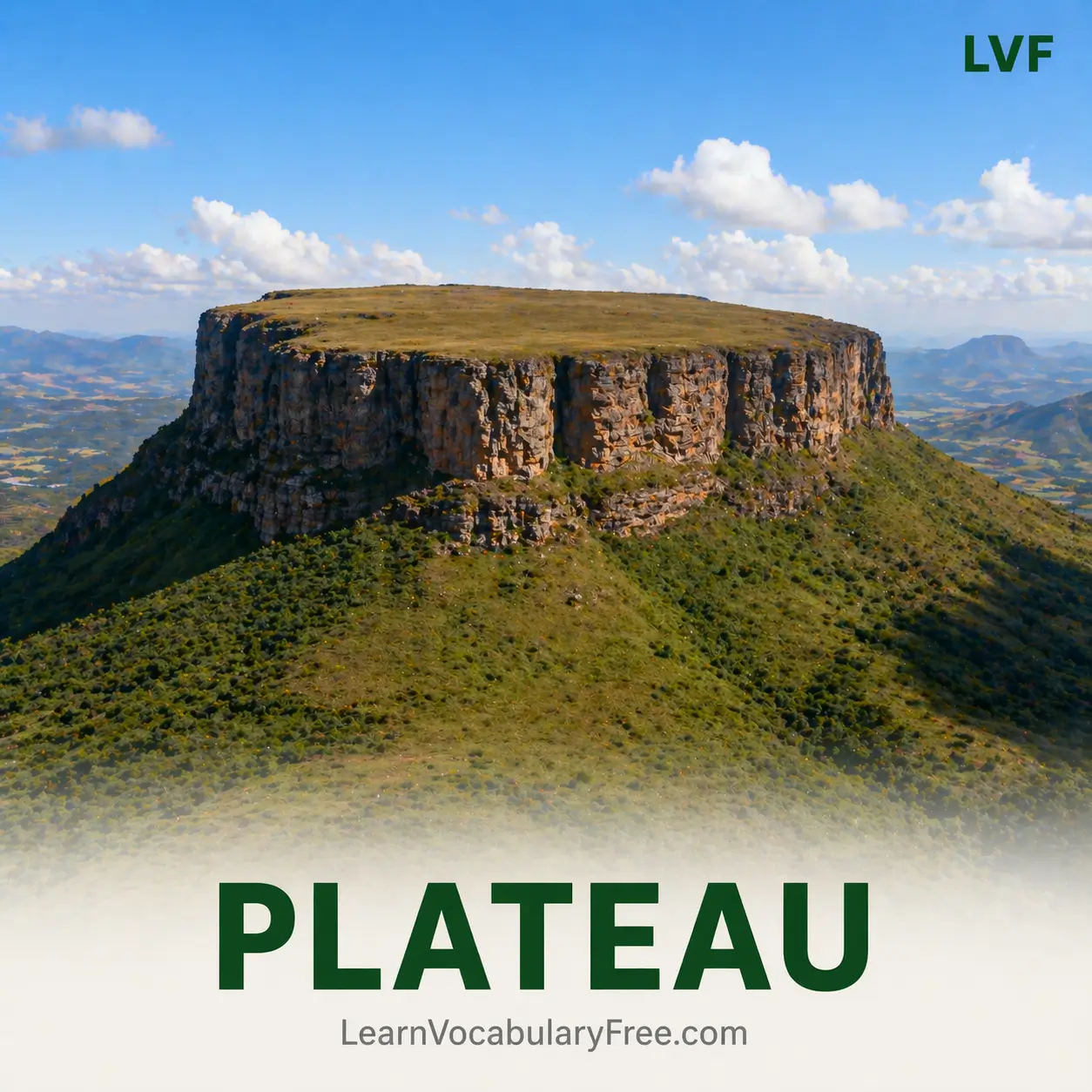 Flat elevated plateau landform with cliff edges showing geography vocabulary for English learners