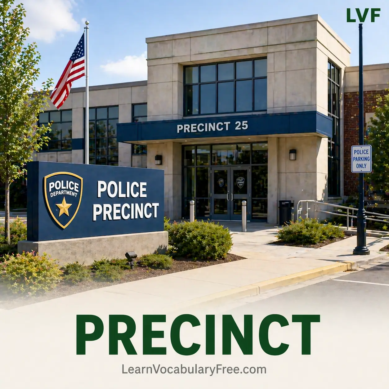Police precinct building representing administrative district area vocabulary for English learning