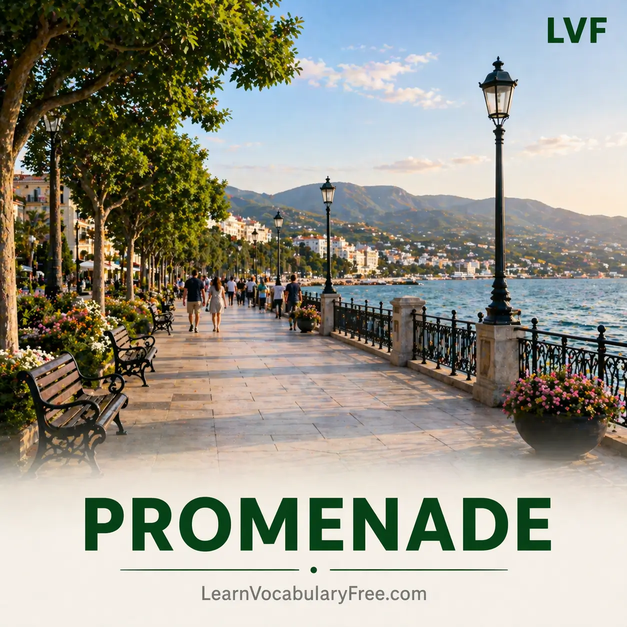Seaside promenade walkway showing coastal path and public space vocabulary for English learners