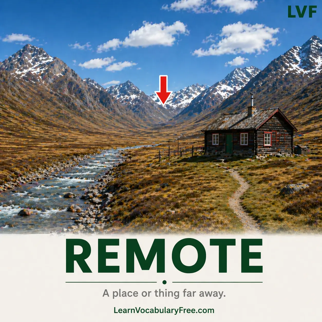 Remote distant landscape with arrow indicating far away location showing vocabulary for English learning