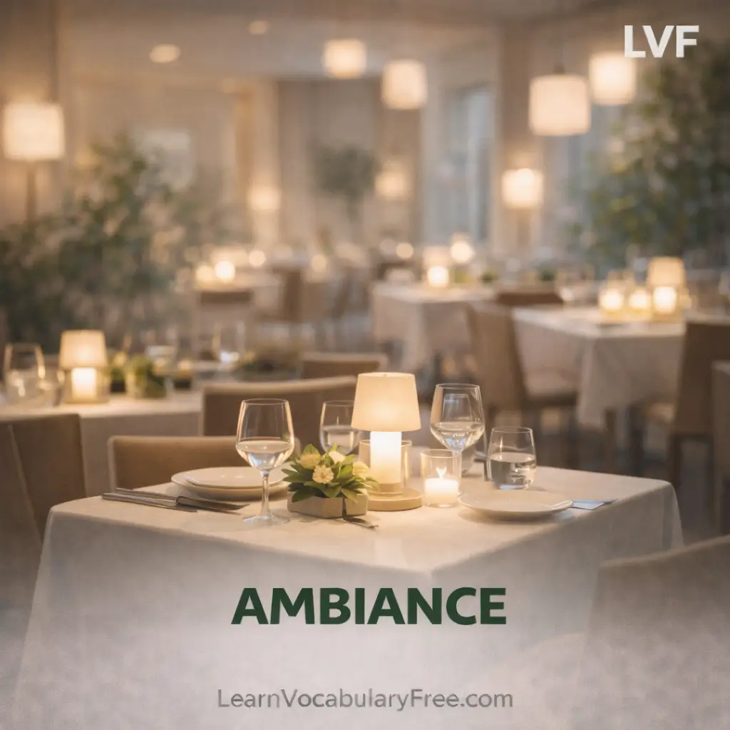 Restaurant ambiance with soft lighting and elegant dining setup showing atmosphere vocabulary