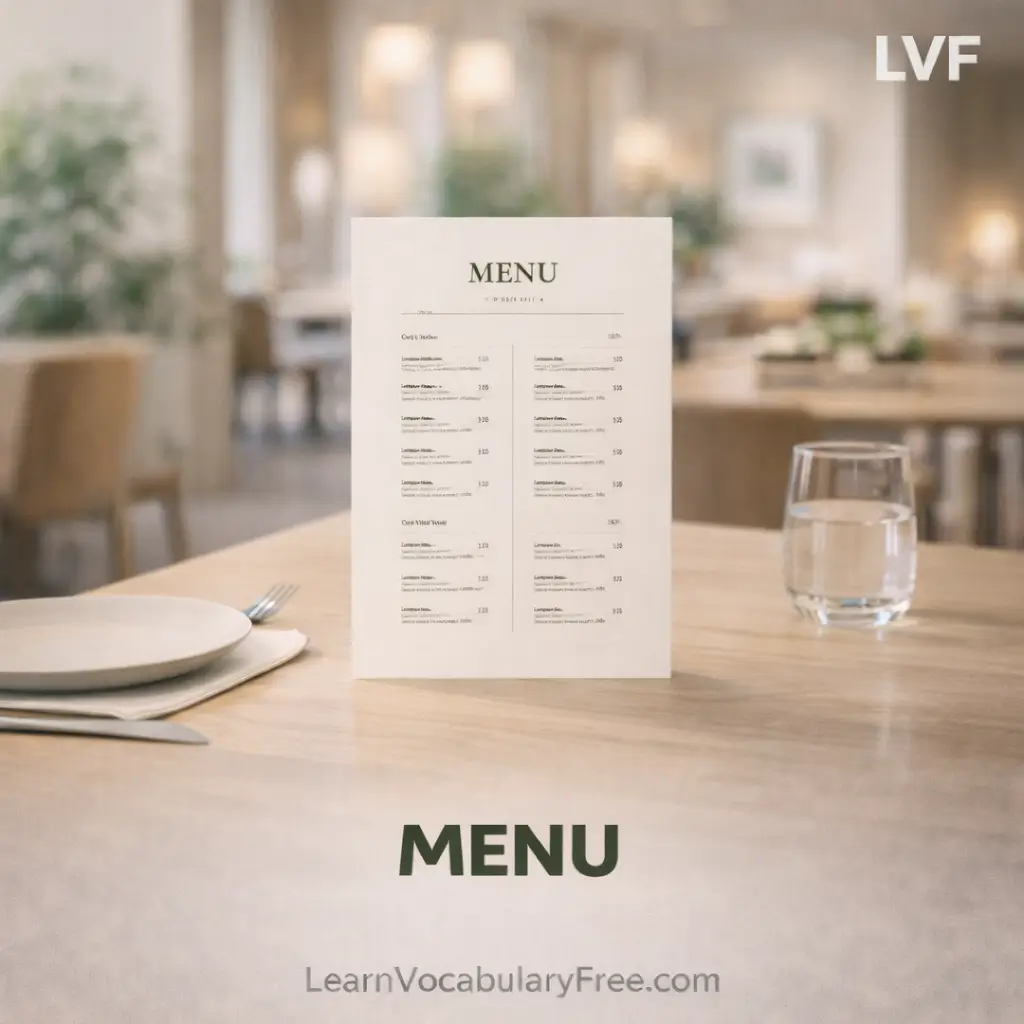 Restaurant menu on table setting showing dining vocabulary for ordering food