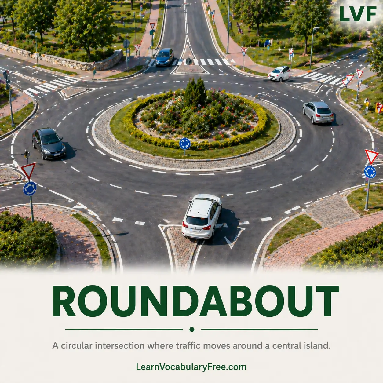 Circular road roundabout with traffic island showing urban direction and traffic vocabulary for English learning