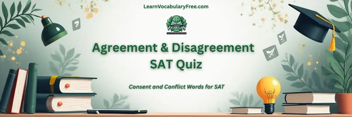 Agreement Disagreement and Conflict Quiz hero banner with books, graduation cap, and study elements for SAT vocabulary practice on LearnVocabularyFree.com.