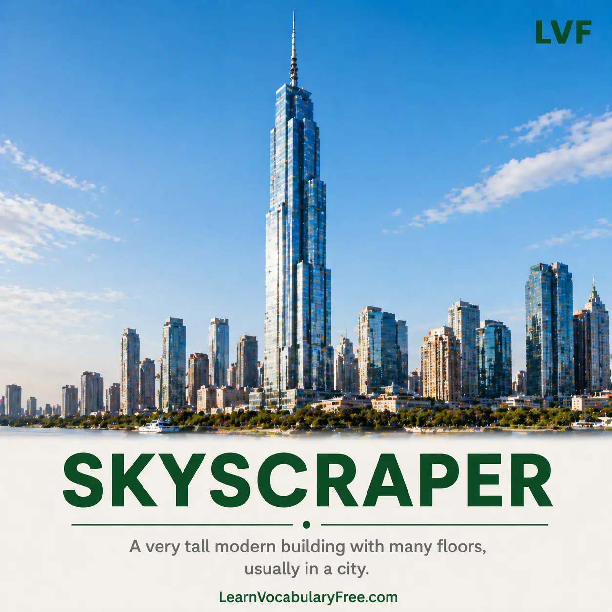 Tall skyscraper building in modern city skyline showing urban architecture vocabulary for English learning