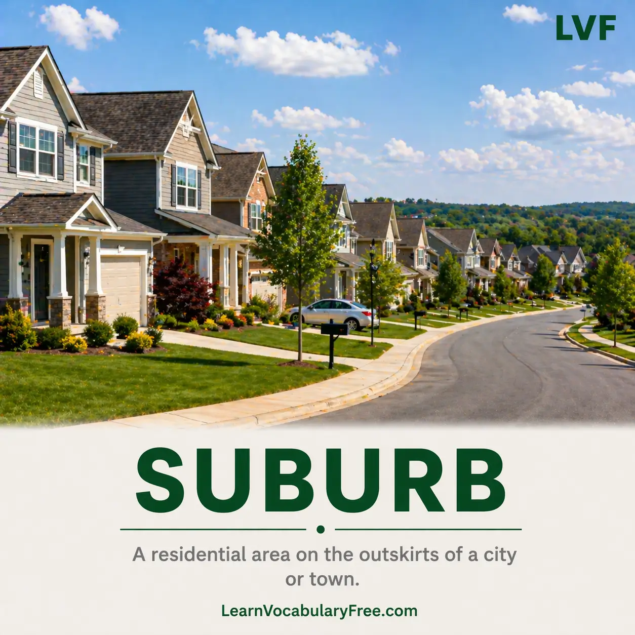 Suburban residential area with houses on city outskirts showing place vocabulary for English learners
