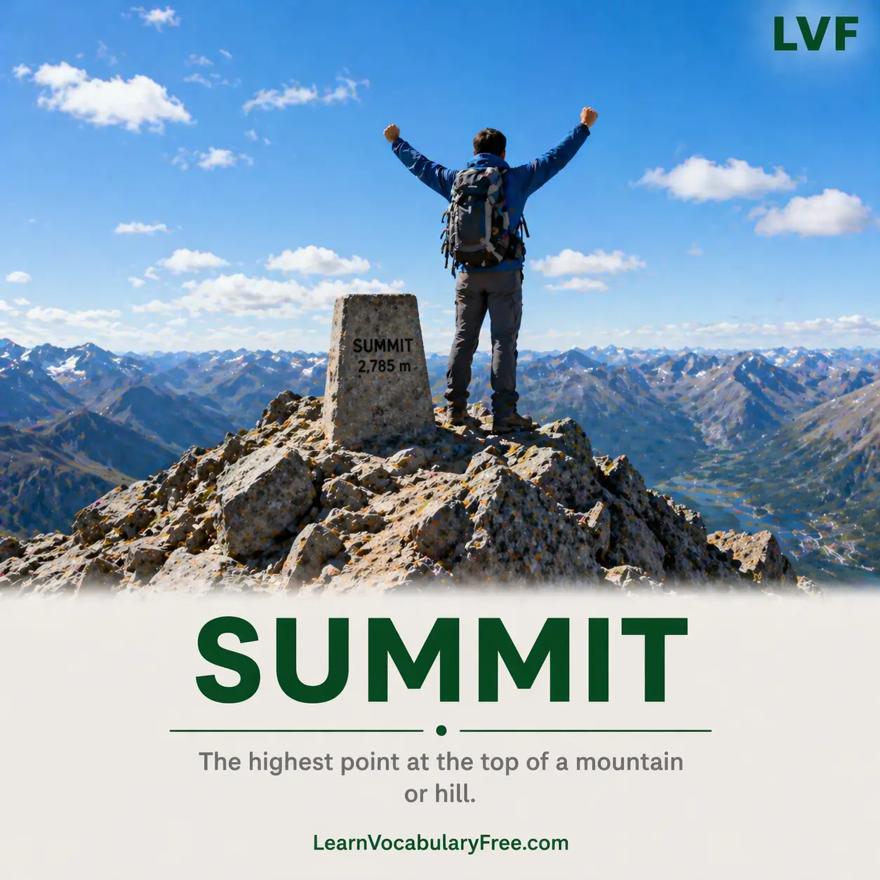 Mountain summit highest peak showing geography and landform vocabulary for English learning