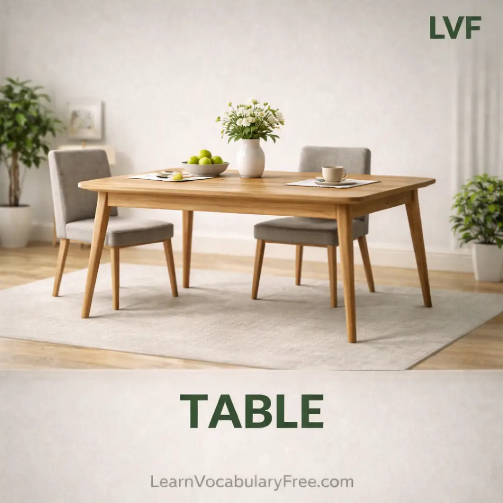 Dining table furniture in modern home showing everyday vocabulary for word lists