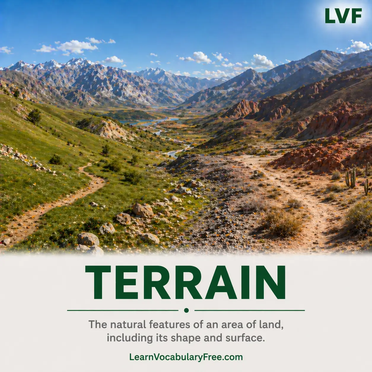 Natural terrain with mountains valleys and varied landforms showing geography vocabulary for English learners