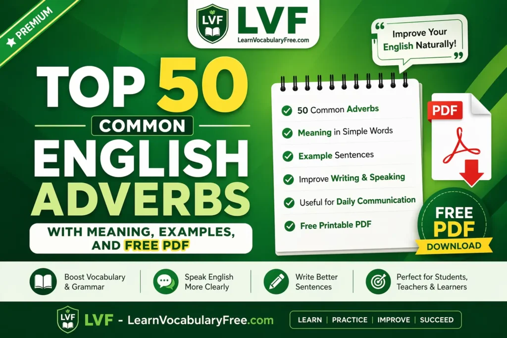 Top 50 Common English Adverbs with meaning examples and free PDF for daily English vocabulary learning by LearnVocabularyFree