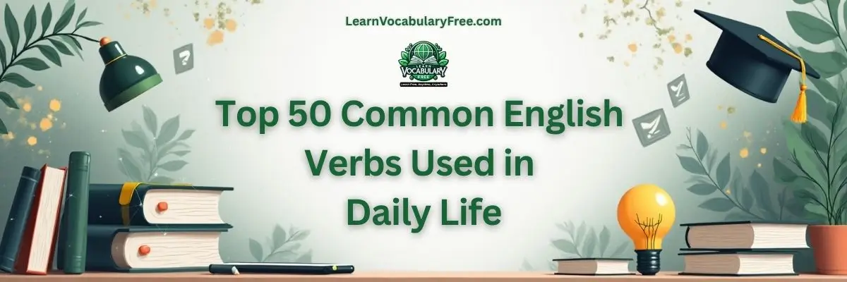 Top 50 common English verbs used in daily life hero banner for everyday vocabulary learning by LearnVocabularyFree