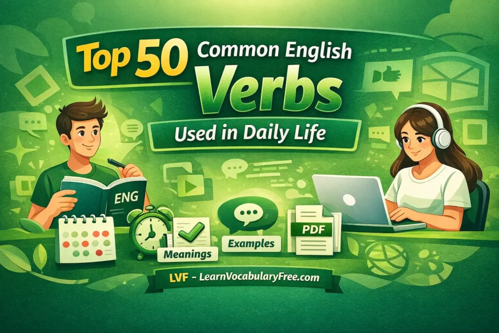 Top 50 common English verbs used in daily life with meanings and examples for everyday communication by LearnVocabularyFree