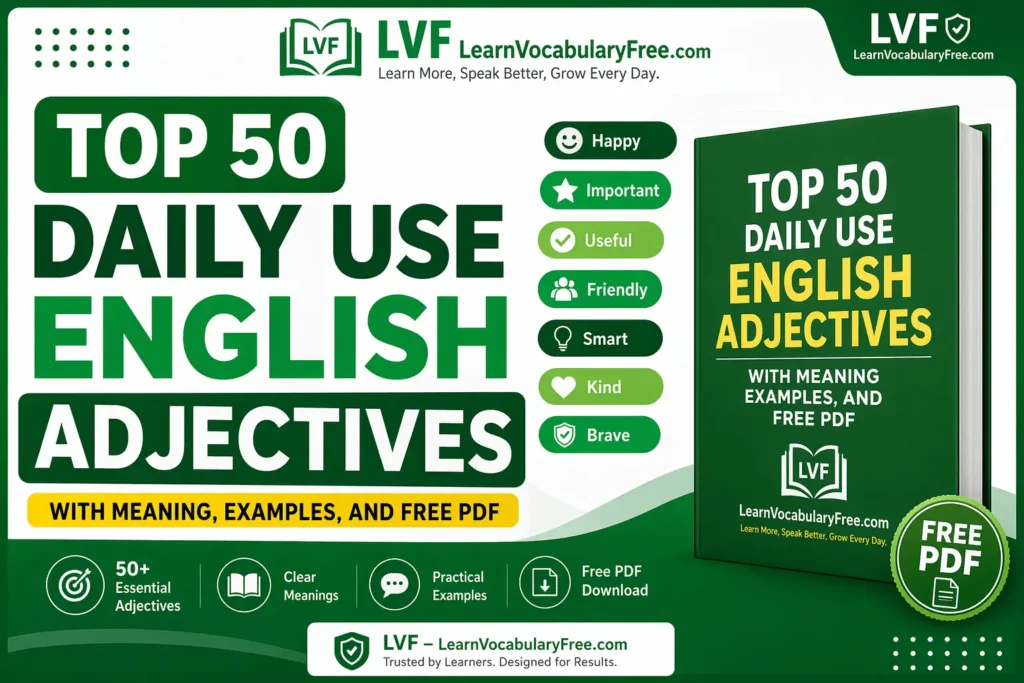 Top 50 Daily Use English Adjectives with Meaning, Examples, and Free PDF featured image by LVF LearnVocabularyFree.com