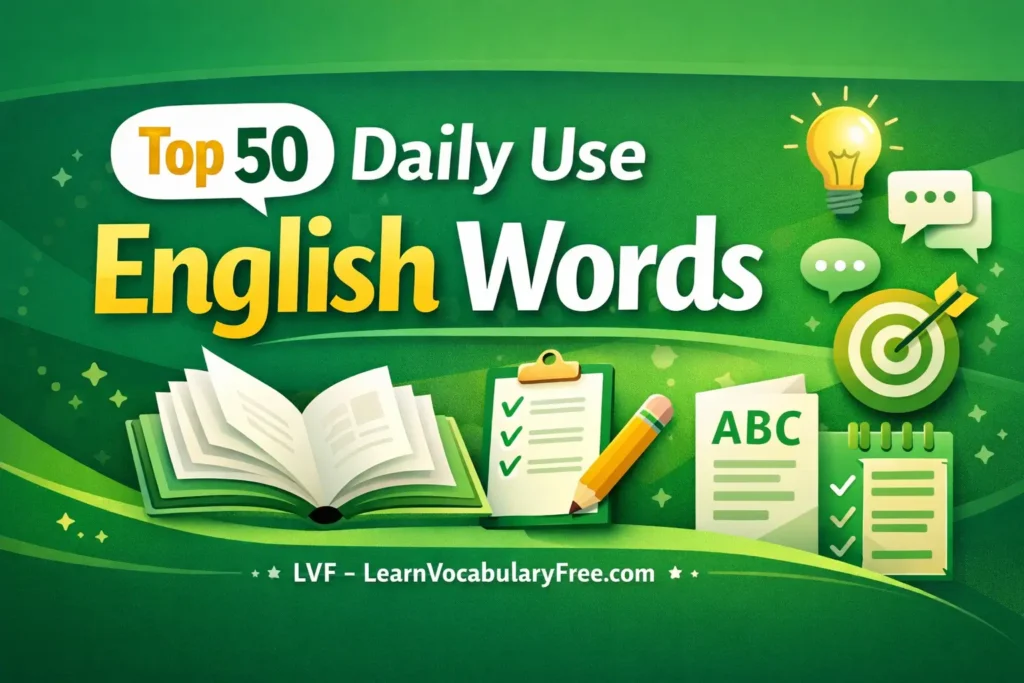 Top 50 daily use English words list with meanings and examples for everyday vocabulary learning by LearnVocabularyFree