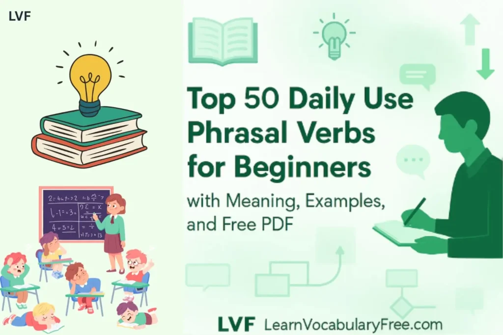 Top 50 daily use phrasal verbs for beginners with meaning examples and free PDF LearnVocabularyFree hero banner showing student learning English with books and icons