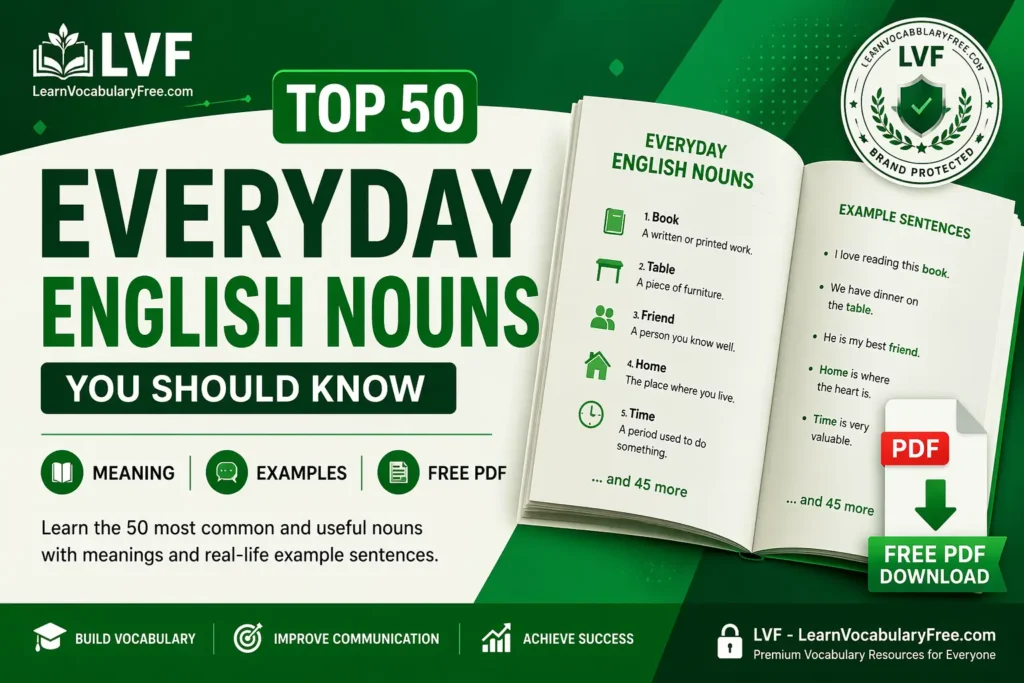 Top 50 everyday English nouns with meaning and examples for daily vocabulary learning and free PDF download by LearnVocabularyFree